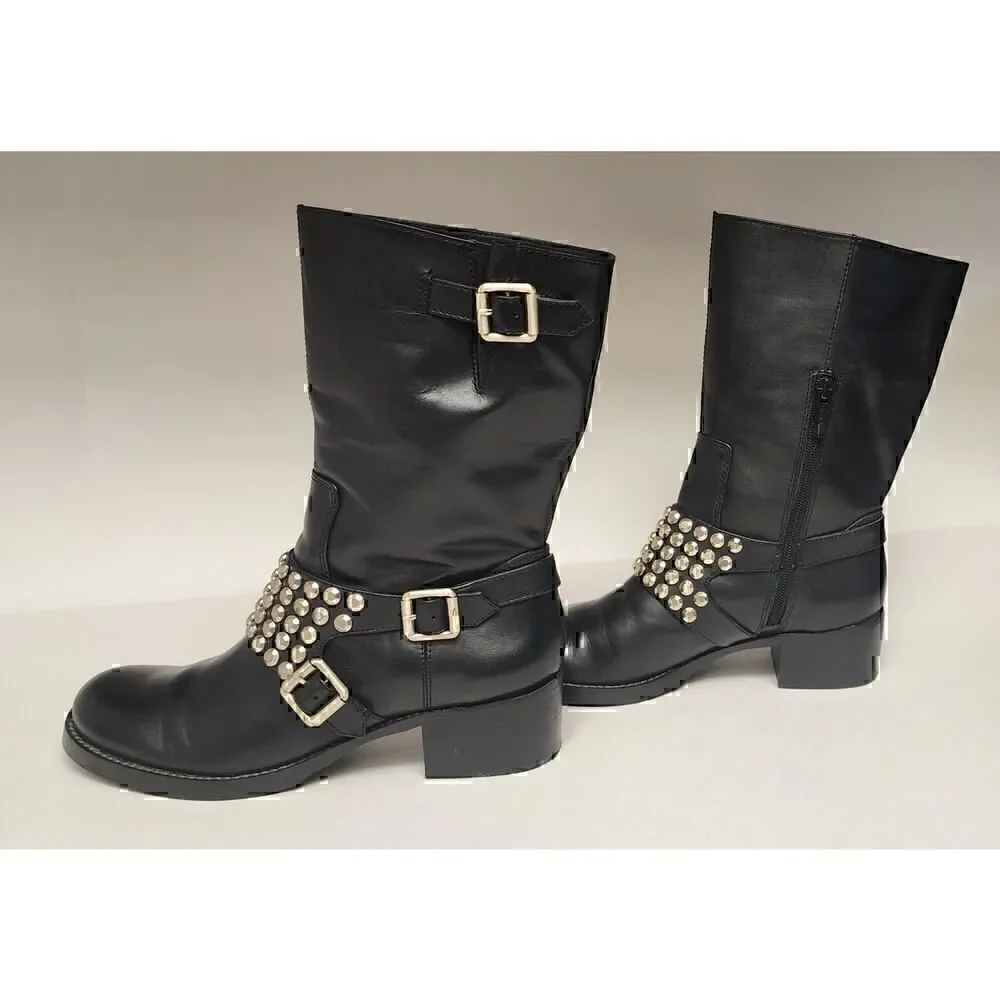 BCBGeneration BC-Halen Black Leather Studded Buckle Boots 7B/37
